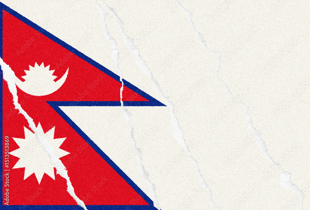 Poster fragmented representation of nepal's flag, artistically torn to symbolize resilience and change, set
