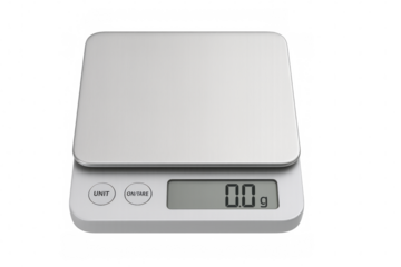 Digital kitchen scale displaying zero grams on transparent background