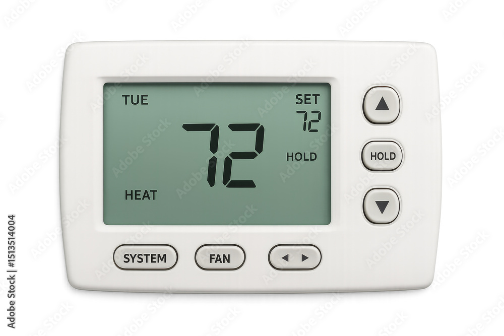 Poster digital thermostat showing 72 degrees fahrenheit on transparent background