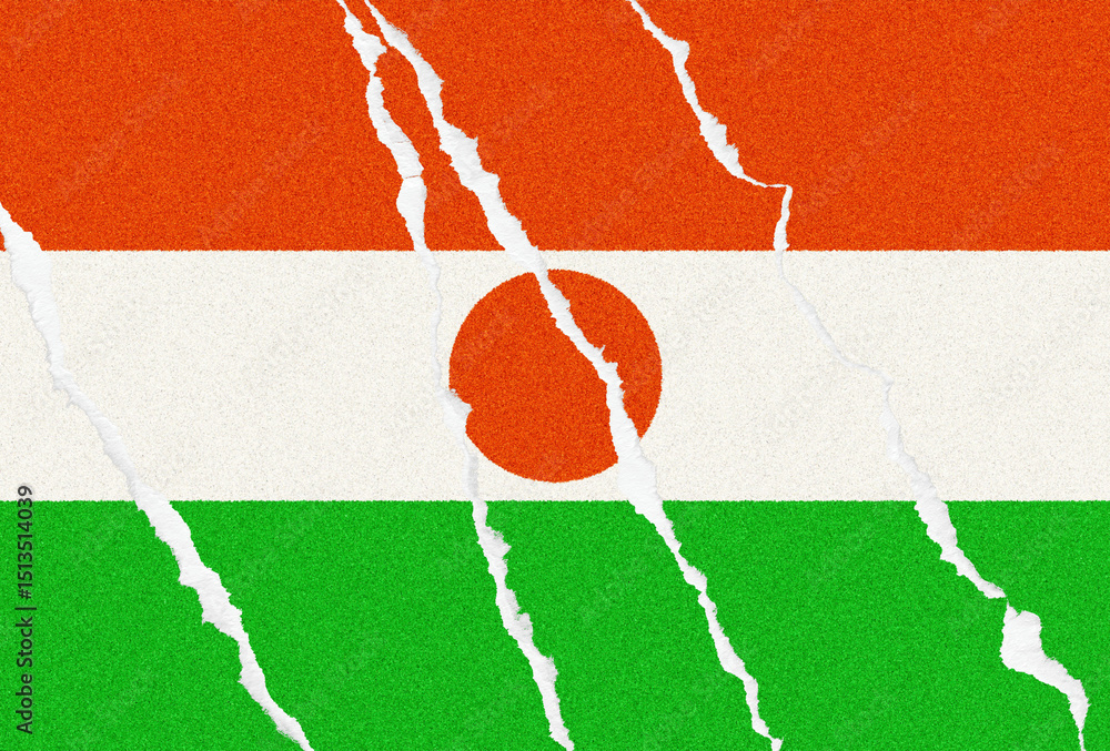 Poster distressed niger flag with torn paper effect displays vibrant national colors, creating a textured v