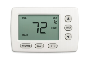 Digital thermostat showing 72 degrees fahrenheit on transparent background