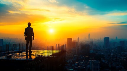 Construction Worker Silhouetted Against Sunset Cityscape