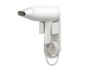 White hair dryer hanging on wall with transparent background