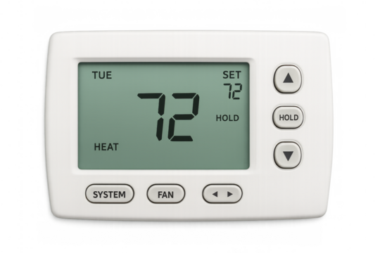 Digital thermostat showing 72 degrees fahrenheit on transparent background