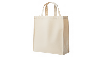 An isolated off-white reusable tote bag with handles presented on a transparent background