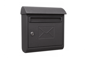 Closed gray metal mailbox with envelope symbol on transparent background