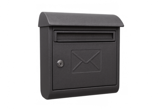 Closed gray metal mailbox with envelope symbol on transparent background