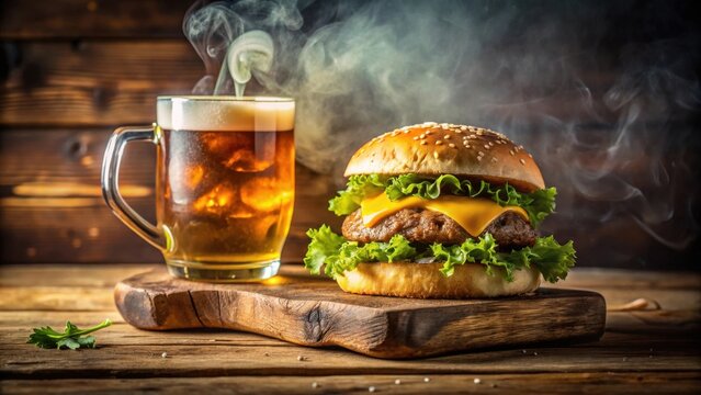 Juicy cheeseburger with fresh lettuce and melted cheese served alongside a frosty mug of amber beer on a rustic wooden board, perfect for a satisfying meal - Powered by Adobe