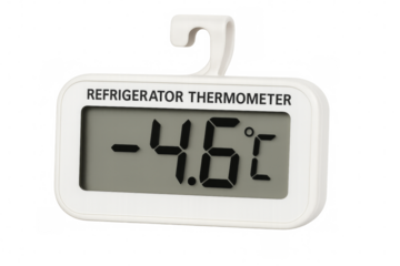 Refrigerator thermometer showing minus four point six degrees celsius on transparent background