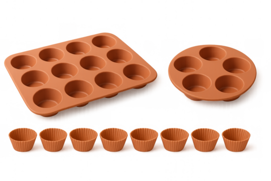 Orange silicone muffin baking pans and molds on transparent background