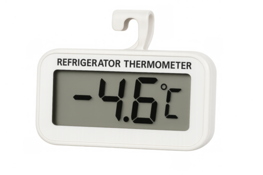 Refrigerator thermometer showing minus four point six degrees celsius on transparent background