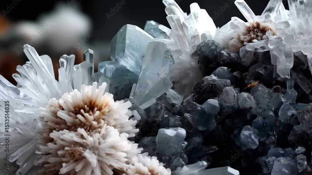 Poster close-up of light blue and white mineral formations displaying delicate crystal structures and textu