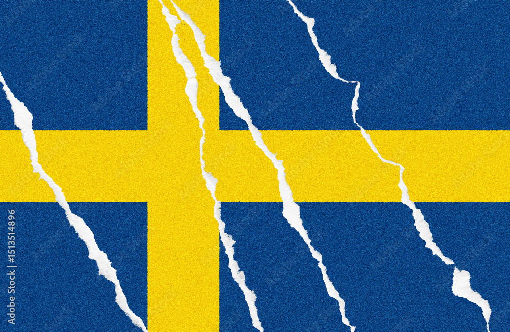Poster textured swedish flag design featuring blue and yellow colors with a torn paper effect, creating a d