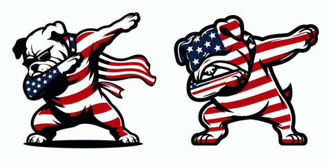 Obraz premium bulldog with american flag dabbing. 4th of July Independence Day Patriotism USA Clipart Vector Illustration. Canine breed waving old glory while gesturing cool pose.