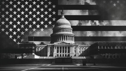 Capitol. USA. American flag. Abstract concept of democracy in black and white.