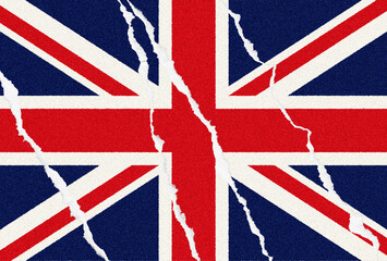 Torn and textured, a Union Jack flag symbolizes fractured unity, portrayed with raw edges and...
