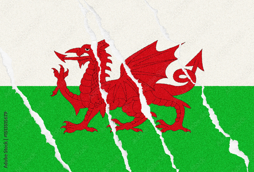 Poster a visually striking digital illustration presents the welsh flag partially torn, revealing a texture