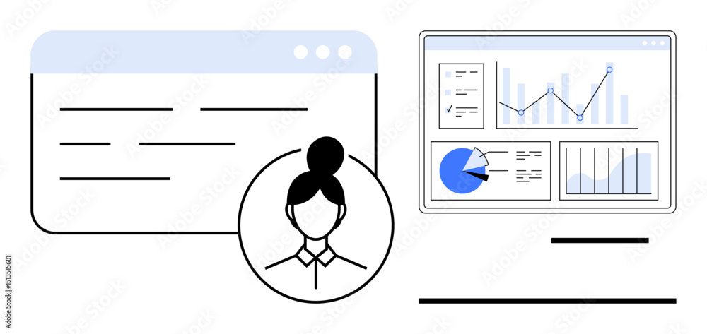 Poster user profile icon beside a dashboard displaying charts, graphs, and analytics. ideal for data analys