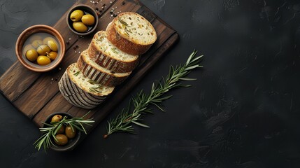 Top view of olive oil and olives kept with white bread slices in a dark backdrop with a space for text or product, Generative AI.