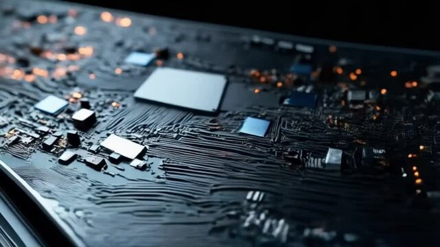 Detailed view of a complex circuit board with chips and intricate wiring patterns visible close up background texture video