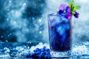 Refreshing, vibrant blue drink garnished with purple flowers.