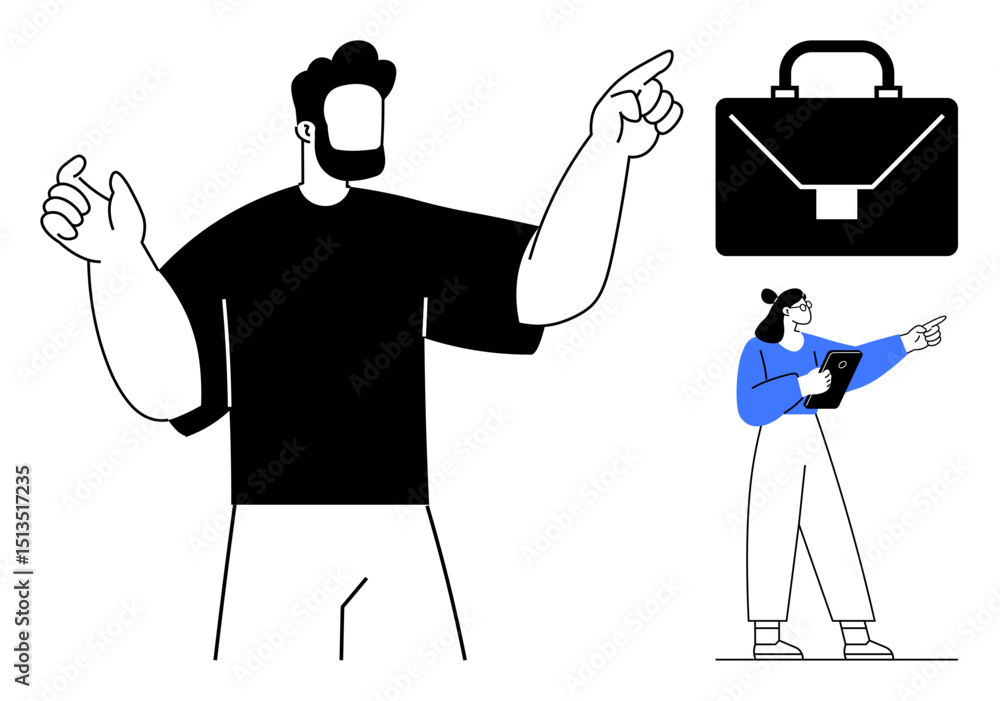 Aufkleber two individuals pointing and strategizing collaboratively with a large briefcase icon above. ideal f