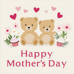 Adorable cartoon bears are holding flower cupcakes, surrounded by hearts and flowers, creating a cheerful and festive ambiance for Mother's Day celebration