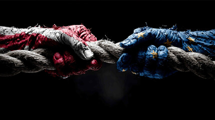 A conceptual image of two hands pulling a thick rope in opposite directions with the rope snapping in the middle one hand wrapped in USA flag colors and the