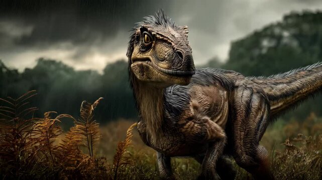 Small dinosaur with patterned tail standing in field during rainstorm with distant forest, portraying the essence of wildlife and ancient creatures