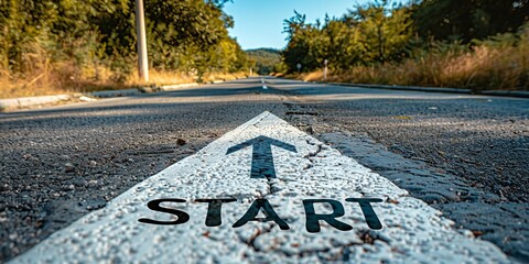 A road written start in it with a daylight view and a big space for text or product, Generative AI.