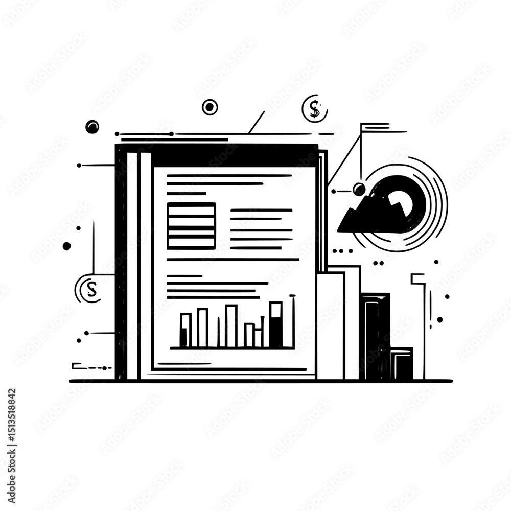 Poster vector icon representing financial data analysis with charts and graphs in a minimalist style, suita