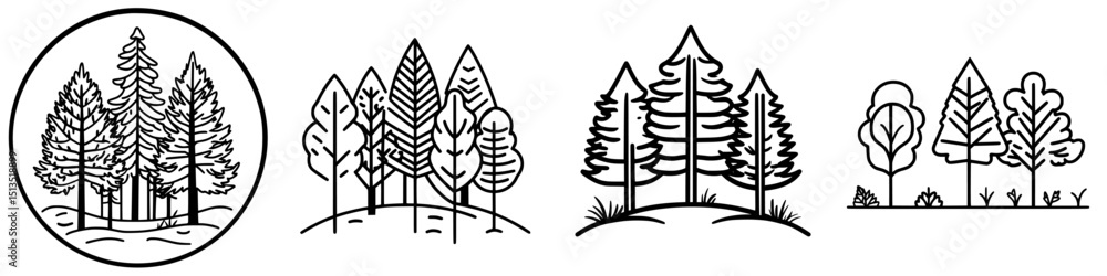 Poster collection of black vector icons depicting various tree types and forest elements for nature-themed 