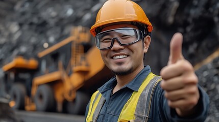Happy Mining Worker Showing Thumbs Up Near Heavy Machinery