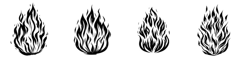 Illustrative set of black fire icons representing various flames for design or graphic projects at any creative time