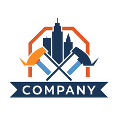 Obraz premium Construction company logo with buildings and hammer vector design