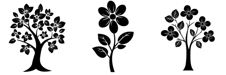 Obraz premium Black vector icons of floral designs showcasing trees and flowers with intricate details for creative projects and designs