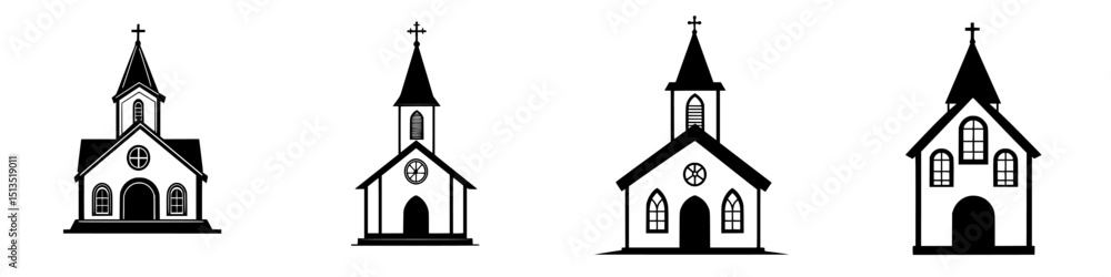 Poster multiple black vector icons of different style churches showcasing architectural variations from var