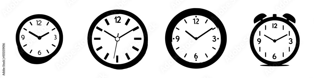 Poster vector icons of various clocks displaying different hours in a minimalist design suitable for modern