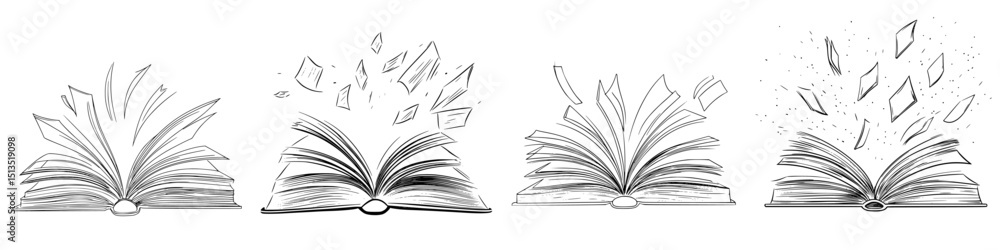 Poster dynamic black vector icon illustrating the transformation of books into particles over four distinct