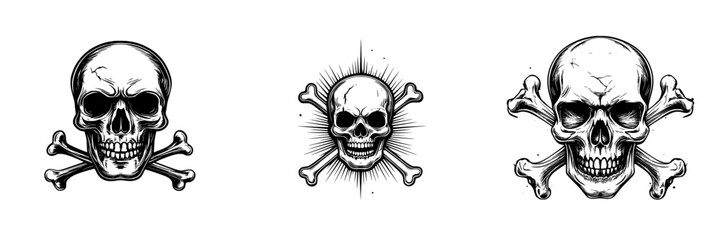 Obraz premium Black vector icons of skulls with crossbones illustrating danger and mortality in a bold minimalist design
