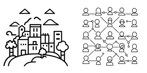 Cityscape and social network icons depicting urban life and community interaction in a modern visual style