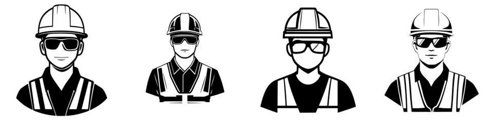 Illustration of multiple construction worker icons wearing helmets and safety glasses representing various construction roles and responsibilities
