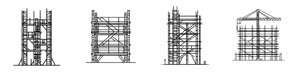 Various designs of scaffolding structures in black vector format for construction projects