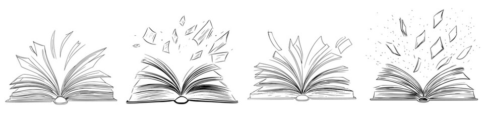 Dynamic black vector icon illustrating the transformation of books into particles over four distinct stages in a minimalist style