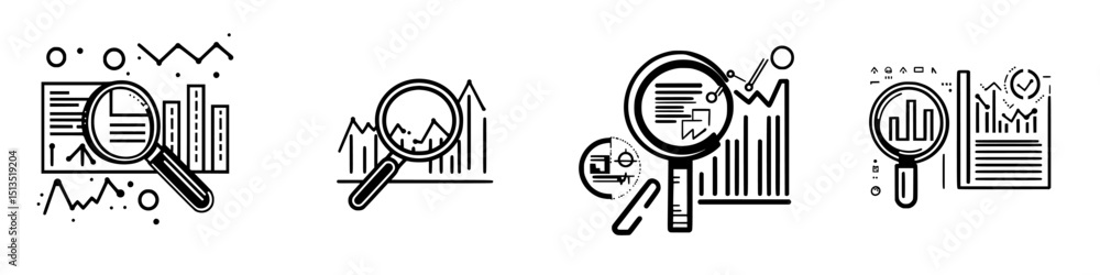 Poster vector icons representing data analysis and research, showcasing magnifying glasses over charts and 