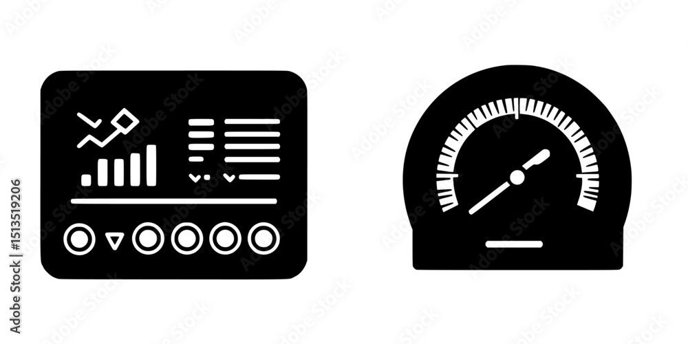 Poster black vector icons representing data analysis tools for monitoring performance in business and techn