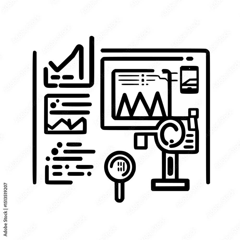 Poster detailed black vector icon representing data analysis and visualization tools used in modern technol