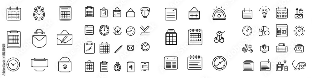Aufkleber vector icons representing time management tools including calendars, clocks, and checklists in a coh