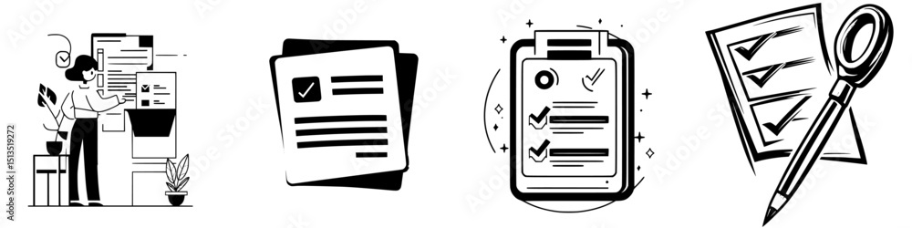 Aufkleber black vector icons illustrating document management, checklist creation, and organization in a works