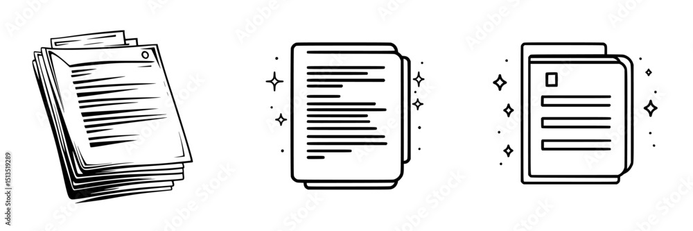 Poster vector icons representing stacks of paper, organized documents, and textual pages for digital use in